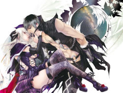 Rule 34 | 1boy, 1girl, black hair, boots, breasts, cleavage, coco (eccentricrouge), dress, eye contact, garter straps, gloves, grey hair, high heel boots, high heels, lace, large breasts, looking at another, multicolored hair, muscular, nail polish, open clothes, pectorals, purple dress, red eyes, red nails, soul calibur, soulcalibur, soulcalibur v, thighhighs, vest, viola (soulcalibur), white hair, zwei (soulcalibur)