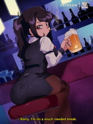 Rule 34 | 1990s (style), 1girl, alcohol, ass, bar (place), bar stool, beer, beer mug, black hair, black pantyhose, black skirt, bluethebone, brown eyes, cigarette, commentary, cup, dutch angle, english commentary, from behind, highres, indoors, jill stingray, juliet sleeves, long hair, long sleeves, looking at viewer, looking back, mug, pantyhose, patreon username, pencil skirt, puffy sleeves, retro artstyle, sitting, skirt, smoke, smoking, solo, stool, subtitled, thighband pantyhose, va-11 hall-a