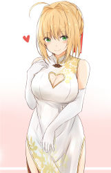 Rule 34 | 10s, 1girl, absurdres, ahoge, alternate costume, blonde hair, blush, breasts, china dress, chinese clothes, cleavage, cleavage cutout, closed mouth, clothing cutout, cowboy shot, dress, elbow gloves, fate/extra, fate (series), floral print, gloves, gradient background, green eyes, hair between eyes, hair intakes, hair ribbon, hand on own chest, heart, heart-shaped pupils, heart cutout, highres, large breasts, looking at viewer, nero claudius (fate), nero claudius (fate) (all), nero claudius (fate/extra), pink background, print dress, red ribbon, ribbon, saku (kudrove), short hair, sleeveless, sleeveless dress, smile, solo, standing, symbol-shaped pupils, tareme, white dress, white gloves