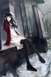 Rule 34 | 1girl, absurdres, architecture, bag, bare tree, black hair, black pantyhose, blue eyes, east asian architecture, hand in own hair, highres, innocent grey, jacket, kara no shoujo 2, kuchiki touko, loafers, long hair, looking to the side, neckerchief, pantyhose, red jacket, scan, school bag, school uniform, shoes, sitting, skirt, snow, snowflakes, snowing, solo, sugina miki, sweater, tree, winter