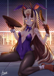 Rule 34 | 1girl, adsouto, alternate costume, animal ears, banana, black pantyhose, blonde hair, breasts, chain-link fence, chocolate banana, covered navel, cup, detached collar, earrings, facial mark, fake animal ears, fake tail, fate/grand order, fate (series), fence, fingernails, fishnet pantyhose, fishnets, food, forehead mark, fruit, highres, holding, holding cup, holding food, horns, ibaraki douji (fate), jewelry, leggings, leotard, long hair, on roof, oni, oni horns, outdoors, pantyhose, playboy bunny, pointy ears, purple leotard, rabbit ears, rabbit tail, rooftop, sakazuki, sharp fingernails, sitting, small breasts, strapless, strapless leotard, tail, wariza, yellow eyes