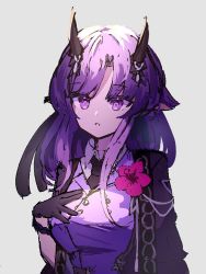 Rule 34 | 1girl, arknights, black gloves, bracelet, commentary request, flower, gloves, hibiscus (arknights), hibiscus the purifier (arknights), horns, jewelry, long hair, mgmg cc211, necktie, parted lips, purple eyes, purple hair, solo, white background