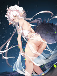 Rule 34 | 1girl, ahoge, arknights, ass, commentary request, crocodilian tail, dutch angle, feet out of frame, feihuanjiang, female focus, from below, hair between eyes, head wreath, highres, large tail, looking at viewer, looking back, night, night sky, official alternate costume, one-piece swimsuit, pointy ears, see-through, sky, solo, standing, star (sky), starry sky, swimsuit, tail, thighs, tomimi (arknights), tomimi (silent night) (arknights), white hair, white one-piece swimsuit, yellow eyes