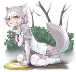 Rule 34 | 1girl, animal ear fluff, animal ears, blazer, blue eyes, boots, bush, commentary request, day, dog (mixed breed) (kemono friends), dog ears, dog girl, dog tail, elbow gloves, fang, forest, frisbee, full body, fur trim, gloves, grey gloves, grey hair, grey pantyhose, hair flaps, harness, heterochromia, jacket, kemono friends, kneeling, miniskirt, nature, open mouth, orange eyes, outdoors, pantyhose, pleated skirt, scarf, short hair, short sleeves, skirt, solo, sweater, tail, tail raised, tree, white gloves, white hair, white pantyhose, yamai, yellow eyes