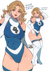 1girl bare_shoulders blonde_hair blue_eyes blue_leotard breasts earrings fantastic_four gloves groin highleg highleg_leotard highres jewelry kamii_momoru leotard lipstick long_hair looking_at_viewer makeup marvel narrow_waist smile solo sue_storm superhero_costume thighhighs thighs white_background white_footwear white_gloves