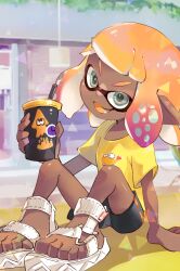 Rule 34 | 1girl, :d, black shorts, cup, dark-skinned female, dark skin, disposable cup, drinking straw, fang, gradient hair, grey eyes, highres, holding, holding cup, inkling, inkling girl, inkling player character, koike3582, multicolored hair, nintendo, open mouth, orange hair, pointy ears, purple hair, sandals, shirt, short hair, short sleeves, shorts, single vertical stripe, sitting, smile, solo, splatoon (series), t-shirt, tentacle hair, two-tone hair, white footwear, yellow shirt
