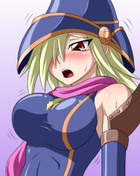 Rule 34 | 1girl, bare shoulders, blonde hair, blue gloves, blush, body blush, breasts, duel monster, elbow gloves, embarrassed, female focus, gagaga girl, gloves, hair over one eye, hat, long hair, long image, looking at viewer, motion lines, open mouth, pataneet, pink scarf, red eyes, scarf, shiny clothes, shiny skin, skin tight, solo, sweat, tall image, tears, upper body, witch, witch hat, yu-gi-oh!, yu-gi-oh! duel monsters, yuu-gi-ou, yuu-gi-ou zexal