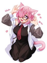 Rule 34 | 1girl, absurdres, amami tokko, animal ears, cat ears, cat girl, cat tail, dress, fang, fate/grand order, fate (series), full body, glasses, hair over one eye, highres, long sleeves, looking at viewer, mash kyrielight, necktie, open mouth, purple eyes, short hair, simple background, skin fang, solo, tail, tongue, white background