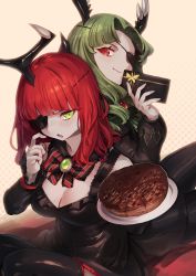 Rule 34 | 2girls, absurdres, asymmetrical horns, back-to-back, beetle horn, black dress, black jacket, black legwear, black pants, blush, bow, bowtie, box, breasts, brooch, cake, cleavage, closed mouth, dress, embarrassed, eyepatch, food, gift, green eyes, green hair, hand up, highres, holding, holding cake, holding food, holding gift, horns, jacket, jewelry, large breasts, long hair, looking at viewer, multiple girls, okame nin, one eye covered, open mouth, original, pale skin, pants, parted lips, plate, red eyes, smile, striped bow, striped bowtie, striped clothes, thighhighs