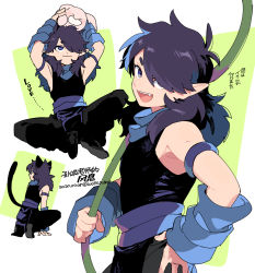 Rule 34 | 1boy, animal ears, arms up, dated, fengxi (the legend of luoxiaohei), hair over one eye, hand on own hip, highres, multiple views, open mouth, purple eyes, shirt, sleeveless, sleeveless shirt, smile, tail, luo xiaohei zhanji, twitter username, upper body, vox, aged down
