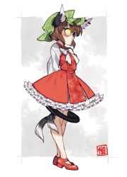 Rule 34 | 1girl, animal ears, bow, bowtie, brown hair, cat ears, cat tail, chen, dress, earrings, hat, jewelry, long sleeves, mob cap, multiple tails, nappooz, petticoat, puffy long sleeves, puffy sleeves, red dress, red footwear, shoes, short dress, short hair, slit pupils, solo, tail, touhou, two tails, yellow eyes