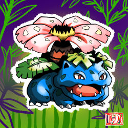 Rule 34 | artist logo, artist name, blue skin, bright pupils, claws, colored skin, creatures (company), fangs, flower, full body, game freak, gen 1 pokemon, highres, inker dog, leaf, nintendo, no humans, open mouth, outline, plant, pokemon, pokemon (creature), purple background, red eyes, self-upload, solo, tongue, venusaur, white outline, white pupils