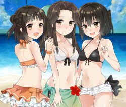 Rule 34 | 10s, 3girls, :d, antenna hair, bare arms, bare shoulders, beach, bikini, bird, black hair, blush, breasts, brown eyes, brown hair, cleavage, cloud, day, double bun, eyebrows, flower, frilled bikini, frilled skirt, frills, front-tie bikini top, front-tie top, girl sandwich, hair intakes, half updo, jintsuu (kancolle), kantai collection, long hair, looking at viewer, looking back, medium breasts, multiple girls, naka (kancolle), navel, ocean, open mouth, outdoors, sandwiched, sarong, scrunchie, seagull, sendai (kancolle), short hair, short shorts, shorts, side-tie bikini bottom, sidelocks, skirt, sky, small breasts, smile, swimsuit, two side up, wrist scrunchie, yuzuttan