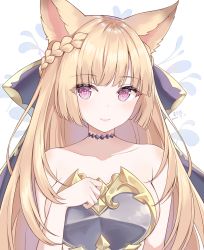 Rule 34 | 1girl, animal ears, armor, artist name, bare shoulders, blonde hair, blunt bangs, blush, braid, breastplate, breasts, choker, closed mouth, collarbone, commentary request, dated, erune, eyes visible through hair, fox ears, french braid, gold trim, granblue fantasy, hand on own chest, heart, heart-shaped pupils, highres, kagami (kgmgts), large breasts, long hair, looking at viewer, pink eyes, simple background, smile, solo, symbol-shaped pupils, upper body, white background, yuisis (granblue fantasy)