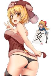Rule 34 | 2girls, alice margatroid, alternate costume, animal hat, ass, bare arms, bare shoulders, black footwear, black legwear, black panties, blonde hair, blue eyes, blue serafuku, blush, boar tail, bow, breasts, butt crack, chiroshiron, commentary request, cowboy shot, fake tail, fang, from behind, fur trim, grey skirt, hair between eyes, hair bow, hand up, hat, highres, holding, holding paper, holding tail, large breasts, loafers, long hair, long sleeves, looking at viewer, looking back, miniskirt, multiple girls, no pants, open mouth, panties, paper, pleated skirt, red bow, sailor collar, school uniform, serafuku, shanghai doll, shoes, short hair, simple background, skin fang, skindentation, skirt, strapless, tail, thighhighs, thighs, touhou, translation request, tube top, underwear, v, white background, white sailor collar, yellow eyes, zettai ryouiki