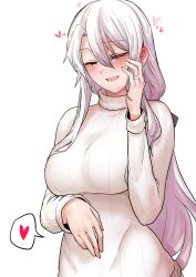 Rule 34 | 1girl, 2poet, 9a-91 (girls&#039; frontline), absurdres, blush, breasts, closed eyes, commentary request, girls&#039; frontline, hair between eyes, hand on own stomach, heart, highres, jewelry, korean commentary, large breasts, long hair, long sleeves, low ponytail, lower teeth only, open mouth, ring, simple background, solo, sparkle, sweater, teeth, upper body, wedding ring, white background, white hair, white sweater