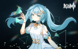 Rule 34 | 1girl, blue hair, blue nails, closed mouth, collarbone, dress, faruzan (genshin impact), floating hair, genshin impact, green eyes, hair ornament, highres, jewelry, long hair, nail polish, que meng meng, ring, sky, solo, star (sky), starry sky, symbol-shaped pupils, twintails, white dress, x hair ornament