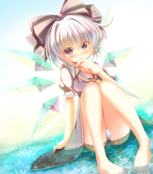 Rule 34 | 1girl, alternate color, bad id, bad pixiv id, barefoot, biting, blue panties, blush, bow, cirno, covering own mouth, dress, feet, finger biting, hair bow, heart, heart-shaped pupils, highres, ice, ice wings, knees together feet apart, looking at viewer, panties, pantyshot, partially submerged, pigeon-toed, pink eyes, puffy sleeves, purple dress, purple eyes, purple skirt, shinonome ukyu, shirt, short sleeves, silver hair, sitting, skirt, solo, striped clothes, striped panties, symbol-shaped pupils, touhou, underwear, upskirt, water, wings