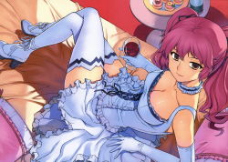 Rule 34 | 1girl, alcohol, arm support, breasts, brown eyes, choker, cleavage, cup, downblouse, dress, drinking glass, elbow gloves, freezing (series), from above, genessa roland, glass, gloves, high heels, highres, kim kwang hyun, large breasts, legs, crossed legs, long legs, looking up, pink hair, shoes, sitting, solo, thighhighs, twintails, wine, wine glass, zettai ryouiki