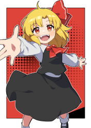 Rule 34 | 1girl, :d, absurdres, ahoge, ascot, black footwear, black shirt, black skirt, blonde hair, bobby socks, fangs, highres, long sleeves, looking at viewer, miz (mizillustration), open mouth, outdoors, outstretched arms, red ascot, red background, red eyes, rumia, shirt, short hair, skirt, smile, socks, solo, spread arms, teeth, touhou, upper teeth only, white shirt, white socks