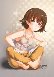 Rule 34 | 1girl, bare shoulders, barefoot, blue eyes, blush, breasts, brown hair, cleavage, freckles, full body, girls und panzer, grin, highres, megadeko, short hair, small breasts, smile, solo, sweat, tank top, tsuchiya (girls und panzer), white tank top