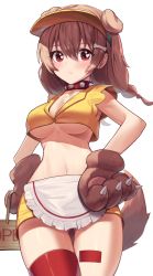 Rule 34 | 1girl, :&lt;, animal ears, blouse, brown hair, closed mouth, collar, dog ears, doggy god&#039;s street, hands on own hips, highres, hololive, inugami korone, long hair, looking at viewer, red eyes, red thighhighs, shirt, sleeveless, sleeveless shirt, solo, thighhighs, thighs, virtual youtuber, visor cap, woogi (duguddnr), yellow shirt