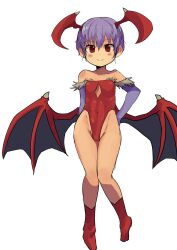 Rule 34 | 1girl, absurdres, bare legs, bat wings, boots, breasts, bridal gauntlets, cleavage cutout, clothing cutout, commentary request, demon girl, full body, head wings, highleg, highleg leotard, highres, leotard, lilith aensland, looking at viewer, low wings, no legwear, purple hair, red footwear, red leotard, short hair, simple background, small breasts, solo, tenteco (covamin), vampire (game), white background, wings