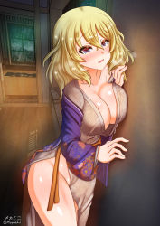 Rule 34 | 1girl, bath, blonde hair, blue eyes, blush, breasts, cameltoe, collarbone, girls und panzer, highres, impossible clothes, japanese clothes, kimono, large breasts, looking at viewer, megadeko, night, night sky, no bra, no panties, open mouth, oshida (girls und panzer), shiny skin, short hair, sky, smile, solo, star (sky), starry sky