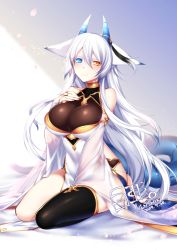 Rule 34 | 1girl, animal ears, bare shoulders, barefoot, black thighhighs, blue eyes, blush, breasts, detached sleeves, hair between eyes, heterochromia, horns, konshin, large breasts, long hair, looking at viewer, orie hakua, original, revision, seiza, single thighhigh, sitting, smile, solo, tail, thighhighs, toeless legwear, very long hair, white hair, yellow eyes