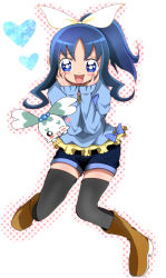 Rule 34 | 10s, 1girl, alternate hairstyle, black thighhighs, blue eyes, blue hair, boots, coffret (heartcatch precure!), creature, full body, hands on own cheeks, hands on own face, haru (nature life), heartcatch precure!, jacket, kurumi erika, long hair, ponytail, precure, shorts, smile, thighhighs