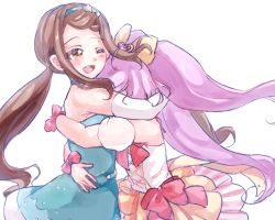Rule 34 | 2girls, armband, bare shoulders, blue dress, bow, brown eyes, brown hair, character request, dress, ehime nao, green hair, hair bow, hairband, heart bow, hug, long hair, manaka laala, multiple girls, noromame, one eye closed, pretty series, pripara, purple hair, red bow, twintails, wrist bow, yellow bow