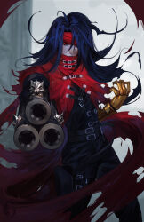 Rule 34 | 1boy, belt, black pants, black shirt, blue hair, charmiisan, clawed gauntlets, cloak, covered mouth, cowboy shot, final fantasy, final fantasy vii, hair over one eye, headband, highres, long hair, male focus, multiple belts, pants, pointing, pointing at viewer, pointing gun, red cloak, red eyes, red headband, shirt, solo, torn cloak, torn clothes, vincent valentine