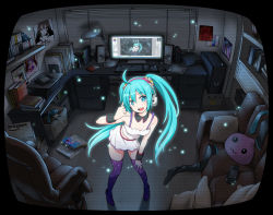 Rule 34 | 1girl, annie (league of legends), aqua eyes, aqua hair, bookshelf, box, chair, computer, computer tower, couch, desk, drawing tablet, game console, handheld game console, hatsune miku, headphones, highres, keyboard (computer), league of legends, leaning forward, long hair, m/, mikudayoo, monitor, mouse (computer), nintendo 3ds, open mouth, patchouli knowledge, patterned legwear, pillow, playstation 3, playstation vita, polka dot, polka dot legwear, poring, ragnarok online, recursion, redial (vocaloid), revision, room, smile, solo, speaker, table, thighhighs, touhou, vocaloid, wii u, yandere trance, zaxwu