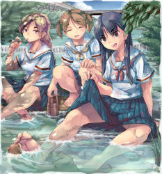 Rule 34 | 3girls, barefoot, blue hair, brown hair, clothes lift, eating, feet, knucklecurve, crossed legs, licking, long hair, multiple girls, open mouth, otter, ponytail, school uniform, short hair, skirt, skirt lift, smile, soaking feet, spread legs, toes, twintails, wading, water, wet, wet clothes