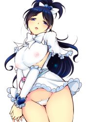 Rule 34 | 1girl, blue eyes, blue hair, blush, bow, breasts, capelet, cleft of venus, clothes lift, covered erect nipples, cowboy shot, cure white, dress, dress lift, futari wa precure, katori (mocchidou), large breasts, long hair, looking at viewer, magical girl, micro panties, open mouth, own hands together, panties, precure, simple background, solo, thighs, underwear, white background, white dress, white panties, yukishiro honoka