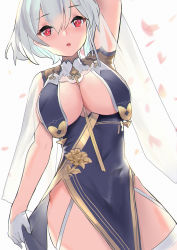 Rule 34 | 1girl, arm up, azur lane, blush, braid, breast curtains, breasts, china dress, chinese clothes, cleavage, dress, garter straps, gloves, grey dress, half gloves, highres, hua zhi ren, large breasts, looking at viewer, neckwear between breasts, open mouth, pelvic curtain, petals, red eyes, revealing clothes, see-through, short hair, side braid, simple background, sirius (azur lane), sirius (azure horizons) (azur lane), solo, thighs, white background, white gloves, white hair, white legwear