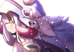 Rule 34 | 1other, animal ears, bandam, brown fur, chromatic aberration, close-up, commentary request, ears through headwear, fake horns, from side, furry, grey hair, hair between eyes, helmet, highres, horned helmet, horns, light particles, made in abyss, nanachi (made in abyss), other focus, profile, short hair with long locks, signature, simple background, upper body, white background, yellow eyes