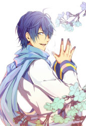 Rule 34 | 1boy, blue eyes, blue hair, blue nails, blue scarf, breath, domco, flower, kaito (vocaloid), long sleeves, looking at viewer, male focus, matching hair/eyes, nail polish, own hands together, scarf, smile, solo, vocaloid