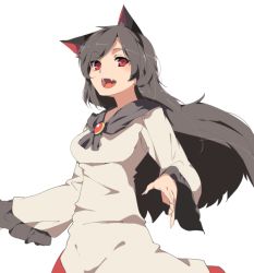 Rule 34 | 1girl, animal ears, bad id, bad twitter id, black hair, brooch, dress, fang, hasebe yuusaku, imaizumi kagerou, jewelry, long hair, long sleeves, looking at viewer, open mouth, red eyes, simple background, smile, solo, touhou, white background, wide sleeves, wolf ears