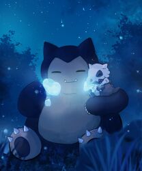Rule 34 | claws, closed eyes, closed mouth, cloud, commentary request, creatures (company), cubone, fangs, fangs out, game freak, gen 1 pokemon, glowing, grass, highres, night, nintendo, no humans, oguraan, outdoors, pokemon, pokemon (creature), pokemon on arm, sitting, sky, snorlax
