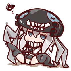 Rule 34 | 10s, 1girl, abyssal ship, aqua eyes, black thighhighs, chibi, hat, highres, kantai collection, unworn legwear, looking at viewer, nuu (nu-nyu), open mouth, panties, silver hair, simple background, sitting, solo, spread legs, sweat, teeth, tentacles, thighhighs, underwear, white background, wo-class aircraft carrier, x x
