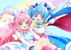 Rule 34 | 2girls, ahoge, ascot, blue eyes, blue hair, blush, bow, cape, commentary request, cure prism, cure sky, dress, earrings, elbow gloves, fingerless gloves, gloves, green eyes, hair bow, hakumai konatsu, highres, hirogaru sky! precure, jewelry, long hair, magical girl, multiple girls, nijigaoka mashiro, open mouth, pink bow, pink hair, precure, single sidelock, smile, sora harewataru, twintails, two-sided cape, two-sided fabric, very long hair, white ascot, white bow, white dress, white gloves, wing hair ornament