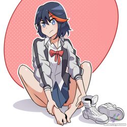 artist_name barefoot black_hair blue_eyes high_tops highres infintyx_dragon jacket kill_la_kill matoi_ryuuko multicolored_hair official_alternate_costume removing_shoes shoes sneakers streaked_hair sukajan two-tone_hair