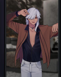 Rule 34 | 1boy, alternate costume, black shirt, brown jacket, cyno (genshin impact), dark-skinned male, dark skin, dherekim, genshin impact, grey hair, hair between eyes, hair over one eye, highres, jacket, jewelry, long hair, looking at viewer, male focus, multicolored hair, necklace, open mouth, orange eyes, pants, shirt, solo, white pants