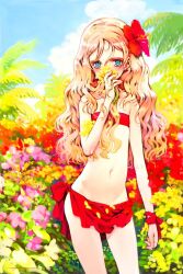 1girl bandeau bare_shoulders bikini blonde_hair blue_eyes blue_sky blush bush charlotte_francia cloud commentary_request covering_own_mouth cowboy_shot dated day flat_chest flower hair_flower hair_ornament holding holding_flower long_hair looking_at_viewer navel ooyari_ashito outdoors petals quartett! red_bikini redrawn signature sky solo stomach swimsuit wavy_hair