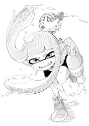Rule 34 | 1girl, action, bike shorts, black shorts, blunt bangs, commentary, fangs, greyscale, highres, inkling, inkling girl, inkling player character, long hair, looking at viewer, monochrome, nintendo, paint splatter, pointy ears, shiromanta, shoes, shorts, single vertical stripe, sneakers, solo, splat bomb (splatoon), splatoon (series), splatoon 1, splattershot (splatoon), squidbeak splatoon, suction cups, super soaker, tentacle hair, thick eyebrows