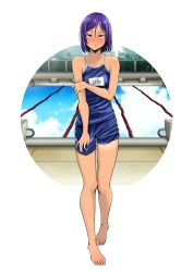 Rule 34 | 1girl, annoyed, barefoot, blue one-piece swimsuit, blurry, blush, bob cut, breasts, character name, closed mouth, competition school swimsuit, day, depth of field, feet, frown, full body, guglielmo, hair between eyes, hair ornament, hairclip, half-closed eyes, hand on own thigh, highres, name tag, one-piece swimsuit, original, outdoors, outside border, parted bangs, pool, poolside, purple hair, red eyes, reflection, school swimsuit, short hair, small breasts, solo, sparkle, swept bangs, swimsuit, tagme, tan, tanline, toes, translated, v-shaped eyebrows