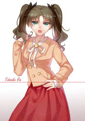 Rule 34 | 1girl, absurdres, aer (tengqiu), aqua eyes, bow, brown hair, fate/stay night, fate (series), hair bow, hand in own hair, highres, long hair, long sleeves, looking at viewer, open mouth, shirt, skirt, solo, tohsaka rin, twintails