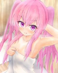 Rule 34 | absurdres, arm up, armpits, bemani, bench, blush, breasts, collarbone, eyelashes, fang, grace (sound voltex), hair between eyes, hand in own hair, highres, hot, in downtown, long hair, looking at viewer, naked towel, nervous sweating, on bench, pink eyes, pink hair, sauna, sidelocks, sitting, small breasts, smile, sound voltex, steam, sweat, towel, twintails, upper body, very sweaty, wall, wet, wet hair, wooden bench, wooden wall