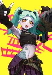 Rule 34 | 1girl, absurdres, arm tattoo, belt, black gloves, blue hair, breasts, colored sclera, commentary, cosplay, cowboy shot, cyberpunk (series), cyberpunk edgerunners, english commentary, fingerless gloves, gloves, green eyes, highres, jinx (league of legends), jinx (league of legends) (cosplay), league of legends, looking at viewer, midriff, multicolored eyes, navel, open mouth, pale skin, pants, rebecca (cyberpunk), red eyes, red sclera, rocket launcher, simple background, small breasts, solo, standing, stomach, stomach tattoo, striped clothes, striped pants, tank top, tattoo, teeth, twintails, unusualpie, v-shaped eyebrows, weapon, yellow background